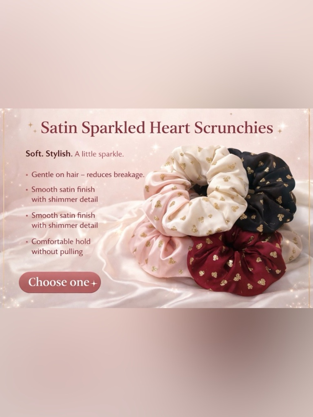 Satin Sparkled Heart Scrunchie - Gold Heart Print (Set of One)